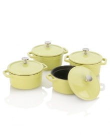 Designed by Michelle Bernstein, one of our pro chefs from The Culinary Council, this cast iron professional set combines unbeatable enamel style with incredible performance. Four nonstick mini dutch ovens are perfect for prepping individual servings of soup, chili, dessert and beyond. 1-year warranty. Designed by Michelle Bernstein, one of our pro chefs from The Culinary Council, this cast iron professional set combines unbeatable enamel style with incredible performance. Four nonstick mini dutch ovens are perfect for prepping individual servings of soup, chili, dessert and beyond. 1-year warranty.