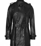Invest in high style with this ultra-luxurious lambskin trench from Burberry London - Small spread collar, long sleeves, epaulettes, double-breasted, front button placket, belted waist - Fitted silhouette - Pair with slim trousers or jeans and a cashmere pullover