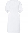 Minimalist and pure with its structured white cotton, Jil Sanders origami-like dress is the epitome of modern elegance - Round neckline, modern short sleeves, structured front pockets, hidden back zip - Modern tailored fit - Wear with sleek sandals and streamlined solid accessories