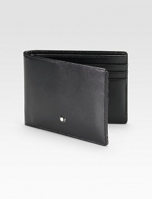 Sleek wallet made of luxurious leather, fully lined with six credit card slots.One bill compartmentSix credit card slotsLeather4½W x 3¾HMade in Italy Sleek wallet made of luxurious leather, fully lined with six credit card slots.One bill compartmentSix credit card slotsLeather4½W x 3¾HMade in Italy