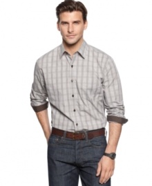 A sophisticated glen plaid gives this Tasso Elba shirt extra presence in your casual wardrobe. A sophisticated glen plaid gives this Tasso Elba shirt extra presence in your casual wardrobe.