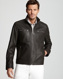 Crafted in luxurious leather, this perforated racer jacket sets the tone for the new year's look. Crafted in luxurious leather, this perforated racer jacket sets the tone for the new year's look.