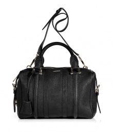 Timeless sophistication gets and edgy urban update in Burberry Londons black calfskin bowling bag, complete with a chic grainy surface for that added accent of textural allure - Logo hardware, top zip, belted sides, removable belted shoulder strap, protective feet, inside zippered back wall pocket - Carry this convertible tote as an everyday essential with classic, elegant, and fashion-forward looks Timeless sophistication gets and edgy urban update in Burberry Londons black calfskin bowling bag, complete with a chic grainy surface for that added accent of textural allure - Logo hardware, top zip, belted sides, removable belted shoulder strap, protective feet, inside zippered back wall pocket - Carry this convertible tote as an everyday essential with classic, elegant, and fashion-forward looks