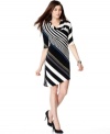 A graphic stripe and sleek asymmetrical hem makes this cowlneck dress by Nine West super striking. Pair with booties for a day at the office then wear with heels after hours.