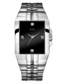 Minimalist style sets off the diamond accents on this GUESS watch. Stainless steel bracelet and rectangular case. Black dial with three silvertone markers, logo and diamond accent at twelve o'clock. Quartz movement. Ten-year limited warranty.