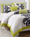 A classic black and white palette is accented with bright pops of lime green in this Mallorie comforter set. Features a bold flourish design for a contemporary look. Two decorative pillows complete the set perfectly.