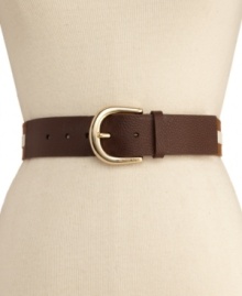 This MICHAEL Michael Kors belt brings an unexpected touch with colorblocked pebble leather and a horseshoe buckle. This MICHAEL Michael Kors belt brings an unexpected touch with colorblocked pebble leather and a horseshoe buckle.