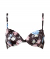 Stylish bra made ​.​.of fine, black printed stretch synthetic - Luxurious bra with a feminine floral print - Padded push up cups and slim, length-adjustable outer straps - Hook closure, cute little bow - Best for wider necklines - Perfect, snug fit - Magically makes a dream d?collet? - Elegant, sexy, seductive - Fits under (almost) all outfits