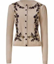 Revel in ladylike luxe this season with Valentinos beige wool cardigan - Lighter, sumptuously soft summer weight material - On-trend, delicate floral embroidery - Round neck and full button placket & Decorative gather detail at shoulders - Slim, feminine silhouette tapers at waist - Pair with pencil skirts, wide leg trousers or cropped cigarette pants and heels