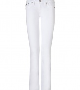 With Western-inspired details, these stylish white jeans from True Religion will amp up your casual basics - Classic five-pocket styling, whiskering, decorative back flap pockets with logo detail, belt loops - Straight leg, slim fit - Style with a blouse and blazer or a worn-in tee and a leather jacket