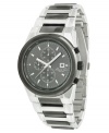 Discover the lasting appeal of Kenneth Cole New York. This watch features a two-tone ion-plated stainless steel bracelet and round case. Sunray gunmetal dial with silvertone stick indices, logo, date window and three subdials. Quartz movement. Water resistant to 100 meters. Limited lifetime warranty.