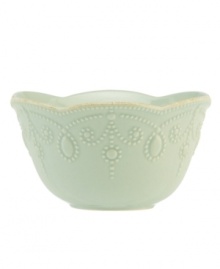 With fanciful beading and a feminine edge, this Lenox French Perle fruit bowl has an irresistibly old-fashioned sensibility. Hardwearing stoneware is dishwasher safe and, in an ethereal ice-blue hue with antiqued trim, a graceful addition to any meal. Qualifies for Rebate With fanciful beading and a feminine edge, this Lenox French Perle fruit bowl has an irresistibly old-fashioned sensibility. Hardwearing stoneware is dishwasher safe and, in an ethereal ice-blue hue with antiqued trim, a graceful addition to any meal. Qualifies for Rebate