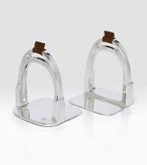 Equestrian-inspired silver-plated brass stirrups lend the perfect finishing touch to a cherished library.5 L x 6 W x 4½ HSilver-plated brass, leather and suedeImported