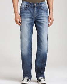 From Joe's Jeans, a beautifully beat-up denim with a whiskering effect at the lap and allover fading and light distressing. From Joe's Jeans, a beautifully beat-up denim with a whiskering effect at the lap and allover fading and light distressing.