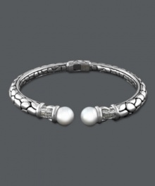 Polished to perfection. Balissima by Effy Collection's stylish bangle provides the perfect last-minute touch with its chic cultured freshwater pearl ends (5-5-1/2 mm) and sparkling diamond accents. Crafted in textured sterling silver. Approximate diameter: 2-1/2 inches. Polished to perfection. Balissima by Effy Collection's stylish bangle provides the perfect last-minute touch with its chic cultured freshwater pearl ends (5-5-1/2 mm) and sparkling diamond accents. Crafted in textured sterling silver. Approximate diameter: 2-1/2 inches.