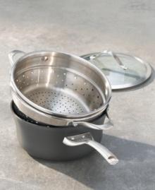 Create divine sauces or fresh-steam vegetables with this nonstick sauce pan and steamer insert. Nonstick interior provides low-fat cooking results and easy cleanup. Unique vessel shape and hard-anodized construction for years of use. Other outstanding features include a capacity indicator line on the rim of the pan to prevent over-filling, ergonomic handle that stays cool during stovetop cooking and durable tempered glass lids. Oven safe to 450 degrees. Lifetime warranty. Model JR8704-2SP. Create divine sauces or fresh-steam vegetables with this nonstick sauce pan and steamer insert. Nonstick interior provides low-fat cooking results and easy cleanup. Unique vessel shape and hard-anodized construction for years of use. Other outstanding features include a capacity indicator line on the rim of the pan to prevent over-filling, ergonomic handle that stays cool during stovetop cooking and durable tempered glass lids. Oven safe to 450 degrees. Lifetime warranty. Model JR8704-2SP.