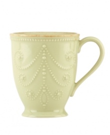 With fanciful beading and an antiqued edge, this Lenox French Perle mug has an irresistibly old-fashioned sensibility. Hardwearing stoneware is dishwasher safe and, in a soft pistachio hue, a graceful addition to every meal. Qualifies for Rebate With fanciful beading and an antiqued edge, this Lenox French Perle mug has an irresistibly old-fashioned sensibility. Hardwearing stoneware is dishwasher safe and, in a soft pistachio hue, a graceful addition to every meal. Qualifies for Rebate