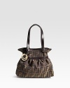 Signature logo pattern trimmed in soft leather features a detachable charm and gentle gathers. Double handles, 5¾ drop Snap closure Inside open pocket Cotton lining 10W X 8½H X 3½D Made in Italy
