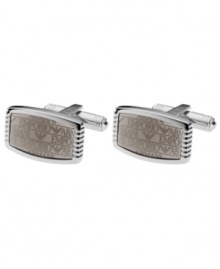 Modern fashion that stands out. A polished design lends masculine appeal to Emporio Armani's stainless steel cufflinks. Made with a gray lacquer finish with a logo design. Approximate diameter: 3/4 inch.