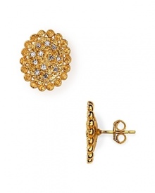 Melinda Maria's rough and tumble stud earrings blend antiqued gold with glittering cubic zirconia crystals. Wear them for a look that's glam not girlie. Melinda Maria's rough and tumble stud earrings blend antiqued gold with glittering cubic zirconia crystals. Wear them for a look that's glam not girlie.