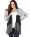 Plus size fashion that adds a stylish layer to your look. This long sleeve cardigan from AGB's collection of plus size clothes showcases a color-blocked design and handkerchief hem.