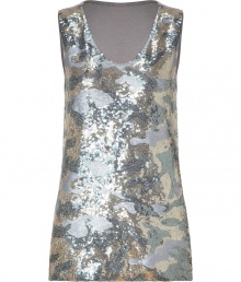 Add sparkle and quirky-cool style to your festive look with this sequin-embellished top from Steffen Schraut - Scoop neck, sleeveless, all-over camo print, front sequin embellishment, solid back - Pair with skinny jeans, a boyfriend blazer, and wedge booties Add sparkle and quirky-cool style to your festive look with this sequin-embellished top from Steffen Schraut - Scoop neck, sleeveless, all-over camo print, front sequin embellishment, solid back - Pair with skinny jeans, a boyfriend blazer, and wedge booties