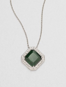 A rich emerald-colored faceted square of cubic zirconia is framed by shimmering pavé crystals in this lovely design on a silvery chain.Crystal and cubic zirconiaRhodium platingChain length, about 16Pendant, about ½ squareLobster claspImported A rich emerald-colored faceted square of cubic zirconia is framed by shimmering pavé crystals in this lovely design on a silvery chain.Crystal and cubic zirconiaRhodium platingChain length, about 16Pendant, about ½ squareLobster claspImported