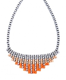 Infuse your look with a citrus-colored statement maker. Bar III's stunning necklace features a pyramid-shaped necklace decorated with ribbons in neon orange, pastel orange, and light grey hues. Set in silver tone mixed metal. Approximate length: 24 inches. Approximate drop length: 2 inches. Approximate drop width: 6-1/2 inches. Infuse your look with a citrus-colored statement maker. Bar III's stunning necklace features a pyramid-shaped necklace decorated with ribbons in neon orange, pastel orange, and light grey hues. Set in silver tone mixed metal. Approximate length: 24 inches. Approximate drop length: 2 inches. Approximate drop width: 6-1/2 inches.