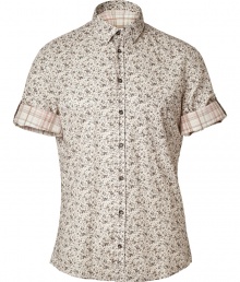 Stylish button down in fine, pale grey cotton - Floral and plaid motifs - Small collar, chest pocket and short, roll-up cuffed sleeves - Rounded hem hangs slightly longer in the back - Modern cut is slim and straight - Elegantly whimsical, ideal for the modern dandy - Pair with jeans, linen trousers, chinos or Bermuda shorts