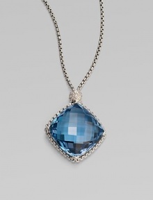From the Cushion on Point Collection. A box-link chain of sterling silver proudly holds a faceted cushion of Hampton blue topaz, connected by a shimmering pavé diamond bead. Blue topaz Diamonds, 0.17 tcw Sterling silver Chain length, about 17 Pendant, about ¾ square Lobster clasp Made in USA From the Cushion on Point Collection. A box-link chain of sterling silver proudly holds a faceted cushion of Hampton blue topaz, connected by a shimmering pavé diamond bead. Blue topaz Diamonds, 0.17 tcw Sterling silver Chain length, about 17 Pendant, about ¾ square Lobster clasp Made in USA