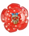 Sweetly savage. Betsey Johnson's funky style combines a red and white polka-dotted flower with a crystal-encrusted skull and blue enamel bow. Set in antique gold-plated mixed metal. Ring stretches to fit finger.