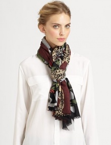 An artistic leopard and forest print adorns a woven, sumptuous cashmere wrap.CashmereAbout 36 X 80Dry cleanImported An artistic leopard and forest print adorns a woven, sumptuous cashmere wrap.CashmereAbout 36 X 80Dry cleanImported