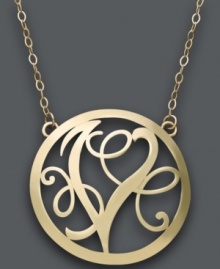 Trend setting style. This popular pendant combines a sweet scrolling design with the letter V. Circular setting and chain crafted in 14k gold. Approximate length: 17 inches. Approximate drop: 1 inch. Trend setting style. This popular pendant combines a sweet scrolling design with the letter V. Circular setting and chain crafted in 14k gold. Approximate length: 17 inches. Approximate drop: 1 inch.
