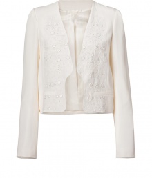 This elegant jacket is the perfect finishing touch for a professional or polished look - Short waisted with long sleeves and clean lines - Button-less - Embroidered white-on-ivory detail - Two small pockets at front - Try over a summer dress on a cool evening or in place of a traditional blazer at the office