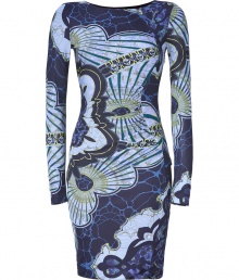 Take an iconic stance on this seasons penchant for prints with Emilio Puccis tonal blue dress in super sensual draped jersey - Rounded neckline, long sleeves, hidden side zip, gathered curved front seam, form-fitting - Pair with bright pumps and an oversized blazer for a seamless transition from work to cocktails