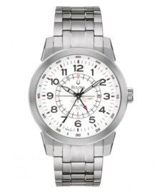 Reliable performance and remarkable design, by Bulova. Watch features titanium bracelet and round case. White dial with luminous hands, date window, logo and numerals and stick indices at markers. Quartz movement. Water resistant to 100 meters. Three-year limited warranty.