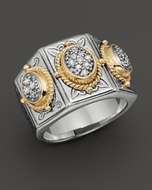 Brilliant pavé diamonds, framed by 18K gold and set in intricately detailed sterling silver. By Konstantino.