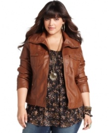 Add a stylish layer to your looks with American Rag's plus size bomber jacket, crafted from faux leather.