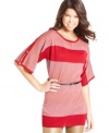 Buttoned split sleeves and metallic-flecked stripes add undeniable character to Sequin Hearts' tunic-style top!