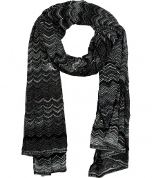 Shimmer into new season sophistication in Missonis glimmering variegated knit scarf, finished with characteristic tonal patterning for a chic take on the brands iconic aesthetic - Metallic sparkle throughout - Pair with everything from edgy biker jackets to timeless tailored evening coats Shimmer into new season sophistication in Missonis glimmering variegated knit scarf, finished with characteristic tonal patterning for a chic take on the brands iconic aesthetic - Metallic sparkle throughout - Pair with everything from edgy biker jackets to timeless tailored evening coats