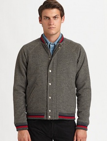 Baseball-inspired style you can enjoy long after the game is over, shaped in lightweight camel hair, for a cool, comfortable fit.Zip frontSnap button placketStand collarSide slash pocketsRibbed knit collar, cuffs and hemAbout 27 from shoulder to hemCamel hairDry cleanMade in Italy Baseball-inspired style you can enjoy long after the game is over, shaped in lightweight camel hair, for a cool, comfortable fit.Zip frontSnap button placketStand collarSide slash pocketsRibbed knit collar, cuffs and hemAbout 27 from shoulder to hemCamel hairDry cleanMade in Italy