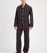 Two-piece set woven in remarkably striped cotton for sartorial appeal. Cotton. Machine wash. Imported.SHIRTButton frontChest, hip patch pocketsPANTSide elastic waistInseam, about 31