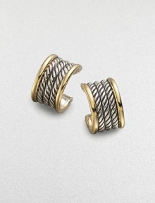 From the Wheaton Collection. Arcs of twisted sterling silver cable, elegantly edged by bands of 18k gold. Sterling silver and 18k yellow gold Diameter, about ½ Post back Made in USA From the Wheaton Collection. Arcs of twisted sterling silver cable, elegantly edged by bands of 18k gold. Sterling silver and 18k yellow gold Diameter, about ½ Post back Made in USA