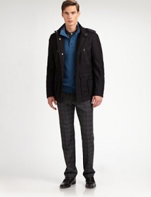 An outerwear essential for the approaching cold weather days, structured in a superior wool blend with a zip and button placket and front pockets for maximum versatility.Zip frontStand collarZippered chest, waist flap pocketsShoulder epaulettesFully linedAbout 30 from shoulder to hem80% virgin wool/20% polyamideDry cleanImported An outerwear essential for the approaching cold weather days, structured in a superior wool blend with a zip and button placket and front pockets for maximum versatility.Zip frontStand collarZippered chest, waist flap pocketsShoulder epaulettesFully linedAbout 30 from shoulder to hem80% virgin wool/20% polyamideDry cleanImported