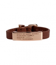 Inject an edge of attitude into your look with Marc by Marc Jacobs cinnamon leather ID bracelet - Buckled leather band and rose gold-toned brass logo engraved ID plate - Wear alone, or stacked up high with colorful bangles Inject an edge of attitude into your look with Marc by Marc Jacobs cinnamon leather ID bracelet - Buckled leather band and rose gold-toned brass logo engraved ID plate - Wear alone, or stacked up high with colorful bangles