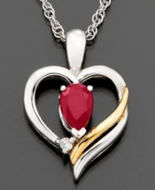 Say it from the heart with this beautiful pendant featuring round-cut ruby (1/2 ct. t.w.) and diamond accent set in 14k gold and sterling silver. Approximate length: 18 inches. Approximate drop: 3/4 inch. Say it from the heart with this beautiful pendant featuring round-cut ruby (1/2 ct. t.w.) and diamond accent set in 14k gold and sterling silver. Approximate length: 18 inches. Approximate drop: 3/4 inch.