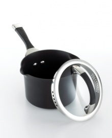 A chef's ideal companion-a versatile saucepan cuts down on the pots and pans you use to cook by including a deep-skirted strainer lid that features small holes on one side and large holes on the other for preparing all types of food in all sizes. Constructed for superior performance, the dishwasher-safe saucepan has a hard-anodized construction, impact-bonded stainless steel base and nonstick finish. Lifetime warranty.