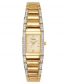 A chic style from Caravelle by Bulova. Goldtone mixed metal bracelet and case with crystal detailing. Crystal-accented bezel. Goldtone dial with logo, goldtone numerals at 12 and 6 o'clock and square markers. Quartz movement. Water resistant to 30 meters. Three-year limited warranty.