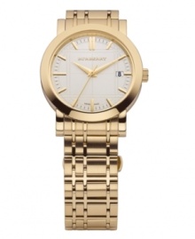 This Burberry watch features an iconic check-engraved gold ion-plated stainless steel bracelet and round case. Taupe check-patterned dial features gold tone stick indices, date window at three o'clock, three gold tone hands and logo. Swiss made. Quartz movement. Water resistant to 50 meters. Two-year limited warranty.