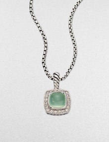 From the Petite Albion Collection. An exquisite design with dazzling pavé diamonds surrounding an aqua chalcedony stone center set in sterling silver on a box link chain. Aqua chalcedonyDiamonds, .2 tcwSterling silverLength, about 17Pendant size, about ¼Lobster clasp closureImported From the Petite Albion Collection. An exquisite design with dazzling pavé diamonds surrounding an aqua chalcedony stone center set in sterling silver on a box link chain. Aqua chalcedonyDiamonds, .2 tcwSterling silverLength, about 17Pendant size, about ¼Lobster clasp closureImported